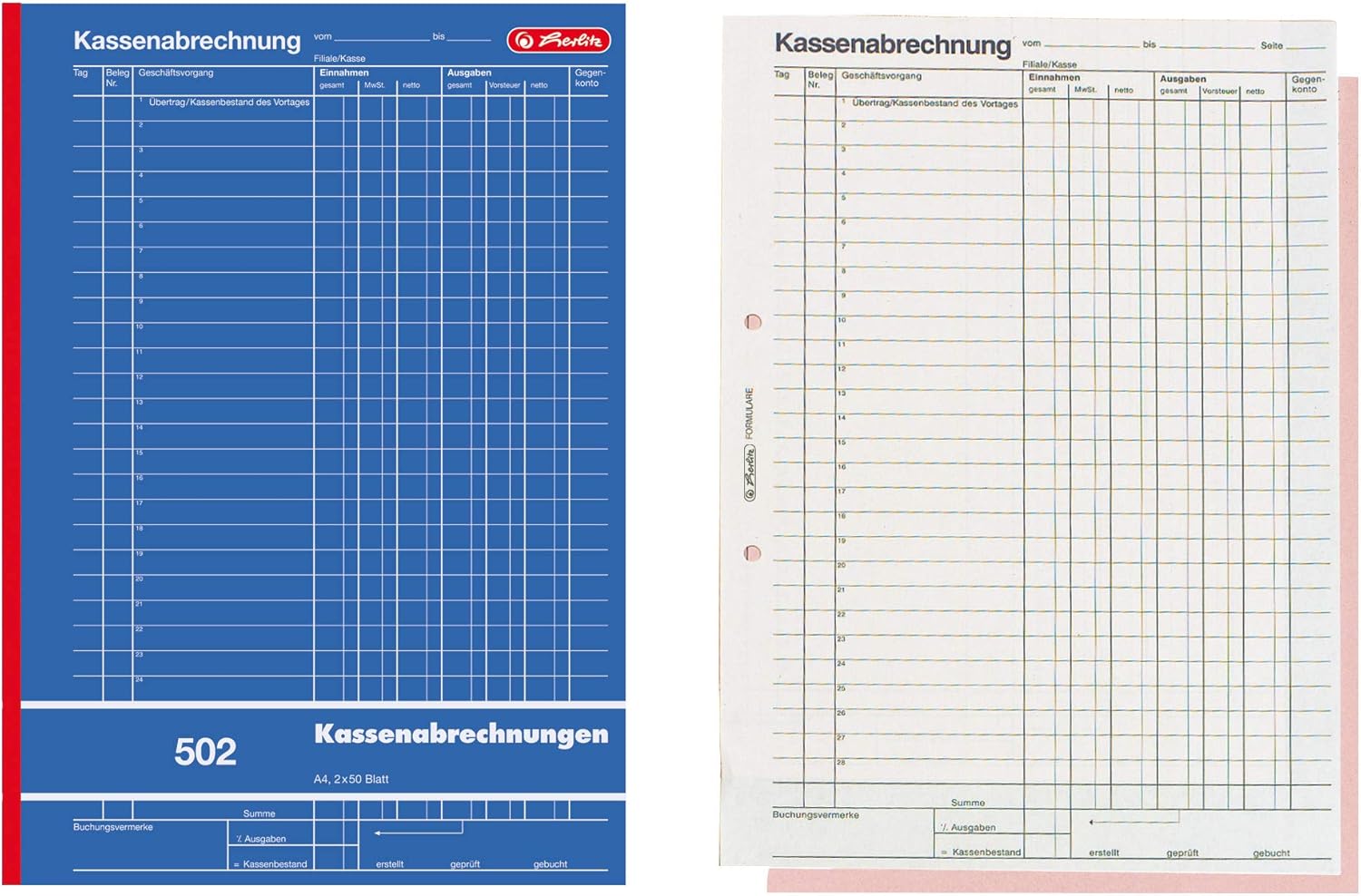 Herlitz 882415 Cash Abrechnungs Book A4 Card 502, 2x 50 Sheets Blue