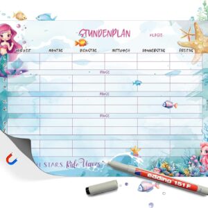 TOBJA Mermaid Timetable Wipeable for Primary School, DIN A4 Magnetic Board, Timetable Magnetic, 1 Class Gift, Girls (Magnetic Includes Pen)