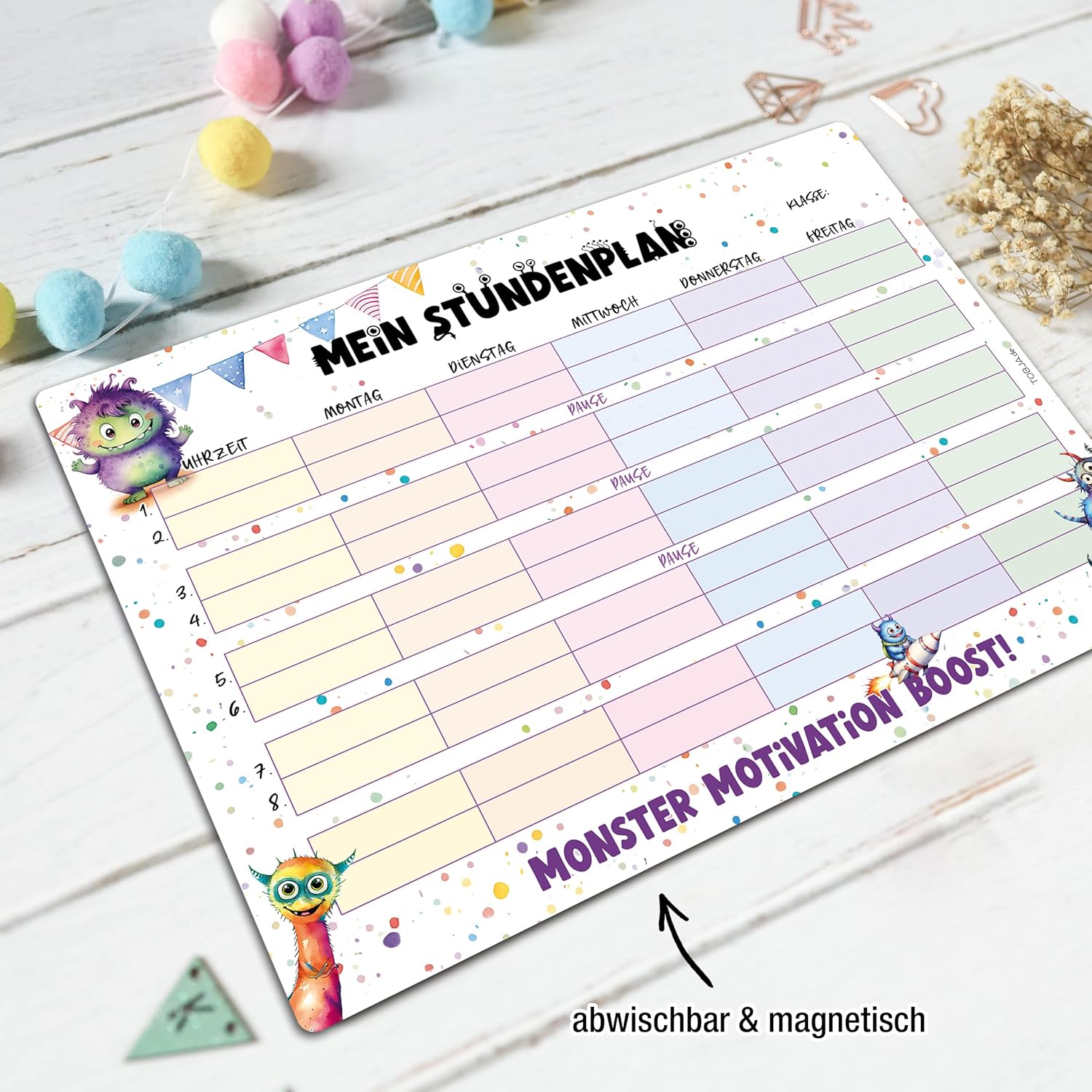 TOBJA Magnetic timetable for primary school - cute monster design, timetable wipe clean for boys and girls, timetable 1st class (without pen) – Bild 6