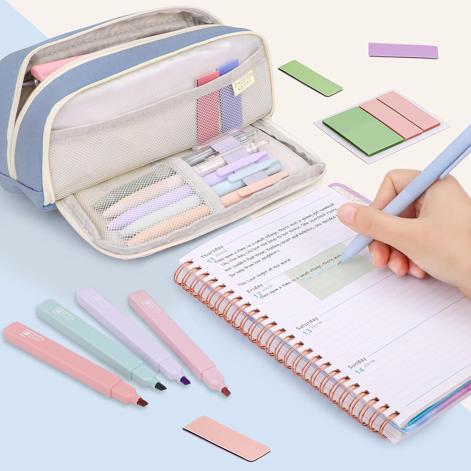 32pcs School Supplies Aesthetic with Blue Pencil Case, 12 Pastel Highlighters, 6 Colour Pencils, 5 Black Pens, 5 Magnetic Bookmarks and 3 Sticky Notes for Students School Supplies – Bild 6