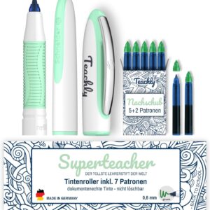 Teachly Superteacher Rollerball Pen - Refillable Teacher Pen for School & University (Mint) - Includes 7 Ink Cartridges (Green)