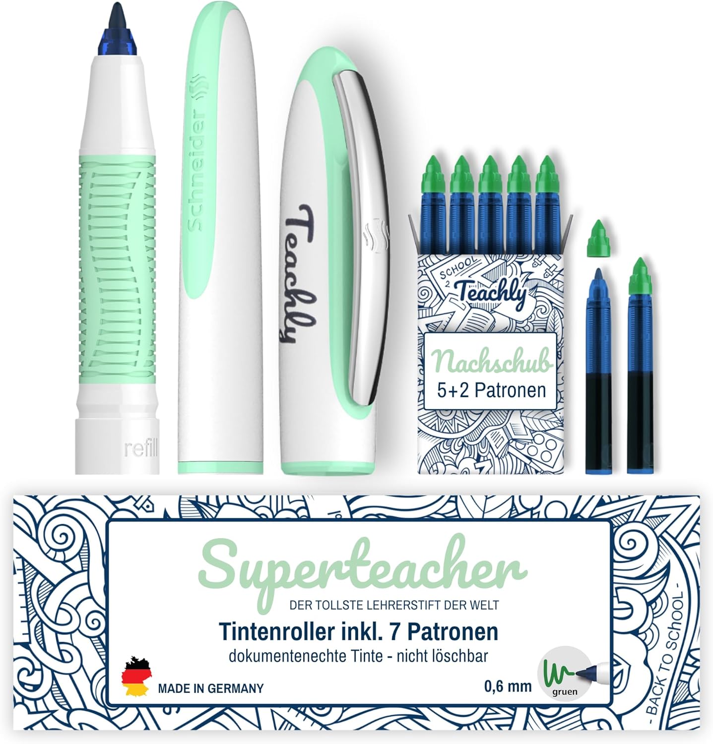 Teachly Superteacher Rollerball Pen - Refillable Teacher Pen for School & University (Mint) - Includes 7 Ink Cartridges (Green)