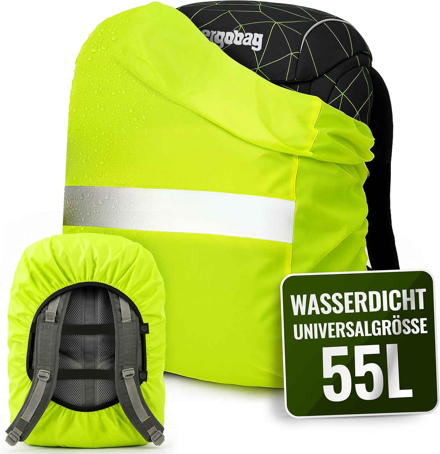 Rain cover for backpacks, water and wind resistant, reflective strips, backpack protection, rain cover, neon safety cover, reflective cover. Yellow
