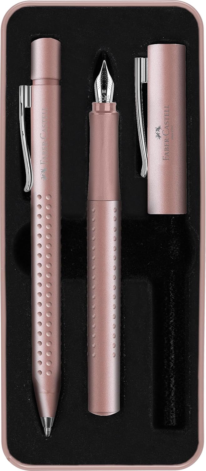 Faber-Castell 201539 Grip 2011 Pale Rose Gift Set with Fountain Pen M and XB Ballpoint Pen in Metal Case