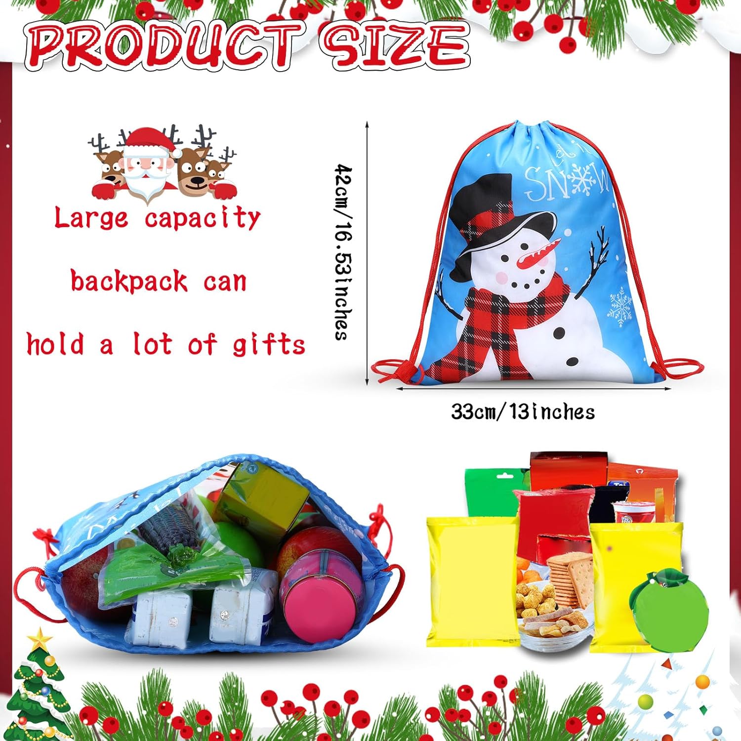 Pack of 12 Christmas Backpack with Drawstring Gift Bags 13.19 x 16.34 Inches Christmas Santa Claus Snowman Christmas Tree Gift Bags Party Bags for Children Birthday – Bild 2