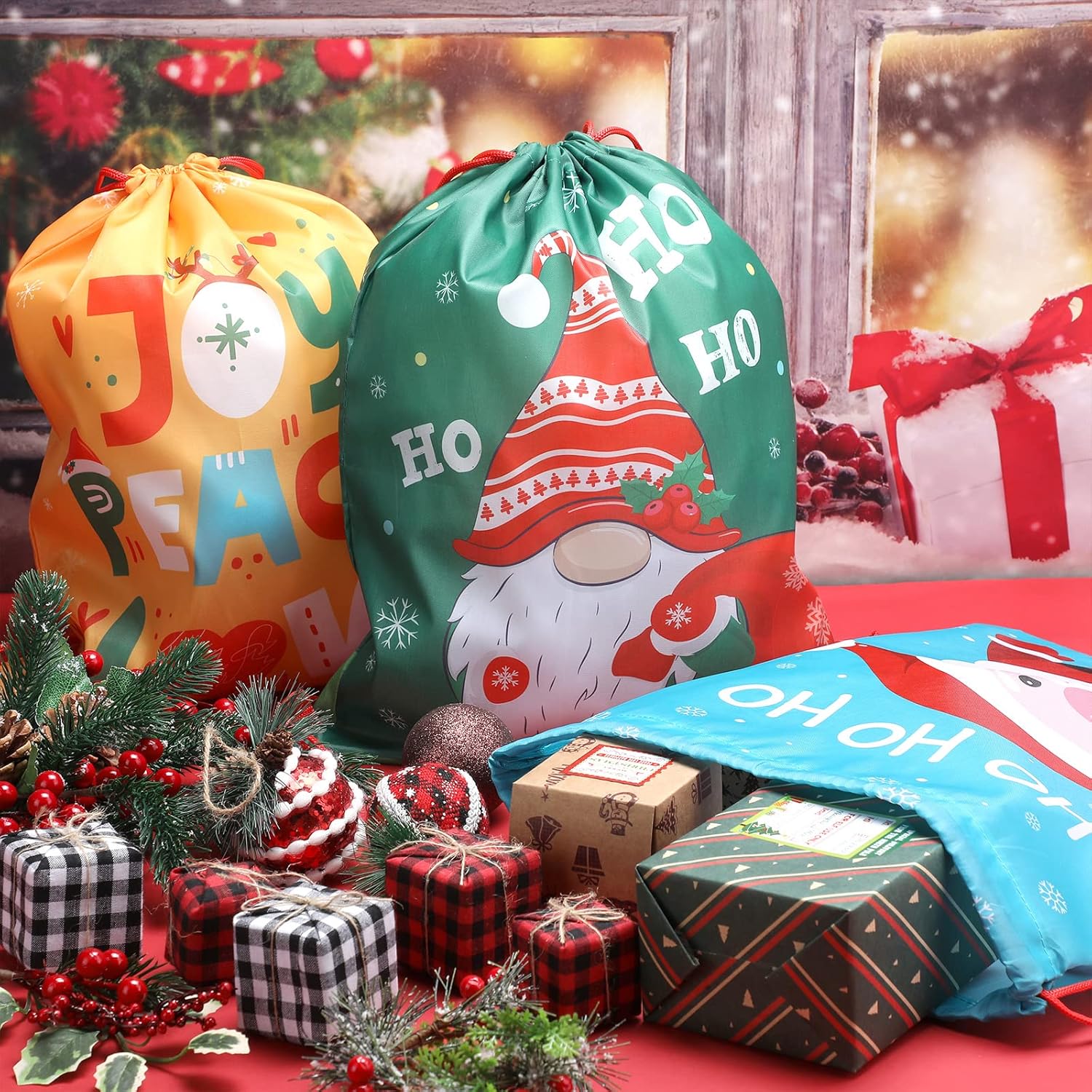 Pack of 12 Christmas Backpack with Drawstring Gift Bags 13.19 x 16.34 Inches Christmas Santa Claus Snowman Christmas Tree Gift Bags Party Bags for Children Birthday – Bild 4