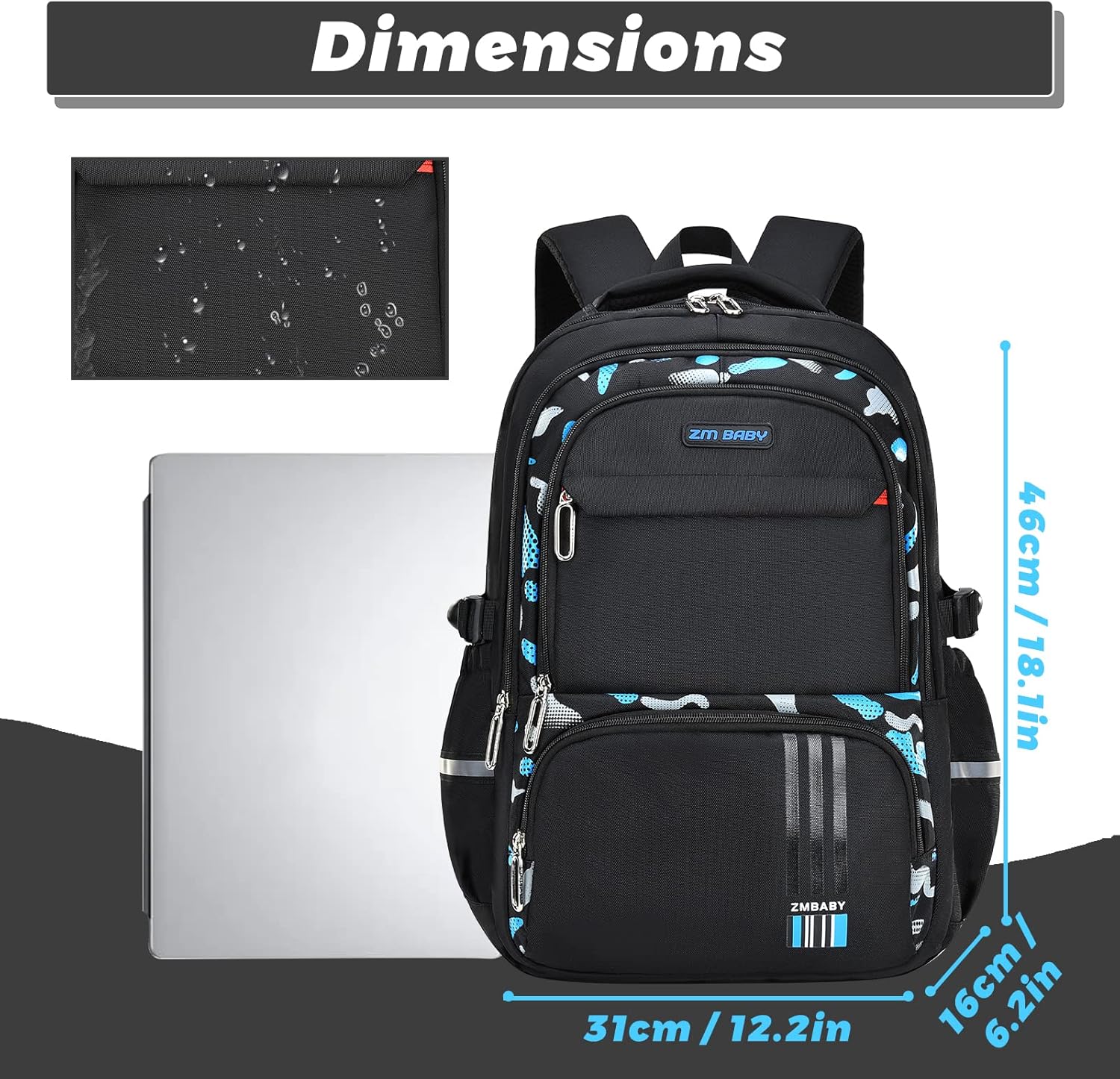 IvyH Boys' School Backpack, Stay Comfortable and Safe with Our Breathable Backpack Boys with Non-Slip Chest Strap, Reflective Stripes, black-blue, Rucksack Backpacks – Bild 3