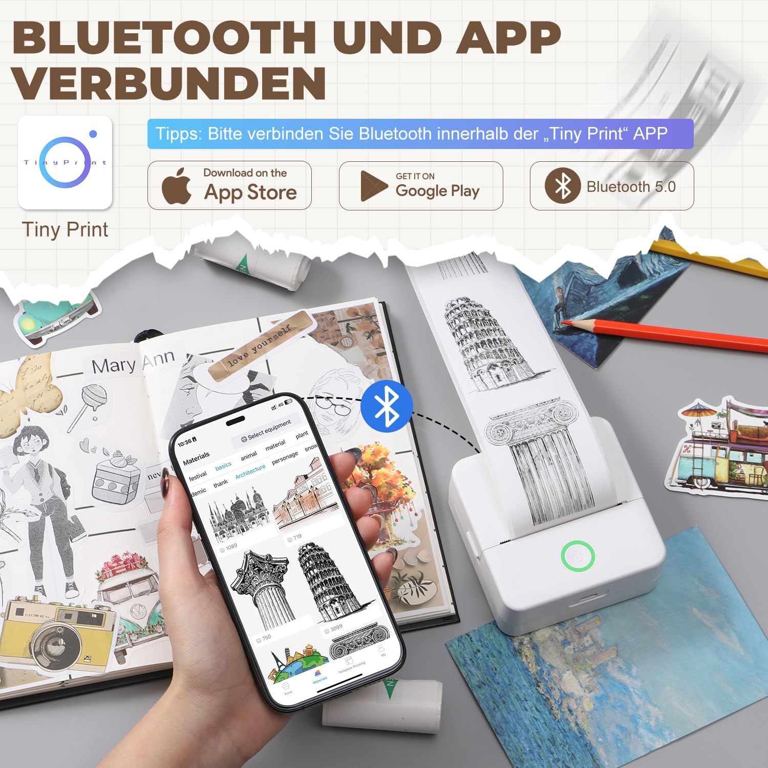 Mini Printer, Portable Photo Printer with 10 Rolls of Printer Paper, Bluetooth Label Printer, Thermal Printer for Notes, Photos, Diaries, DIY, Compatible with iOS and Android (White) – Bild 2