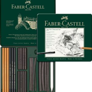 Faber-Castell PITT Charcoal Professional Quality 24-Piece Set of Natural Drawing Charcoal Sticks and Charcoal Pencils in a Range of Hardness