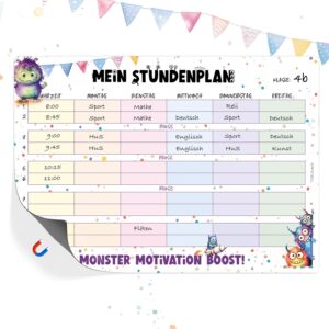 TOBJA Magnetic timetable for primary school - cute monster design, timetable wipe clean for boys and girls, timetable 1st class (without pen)