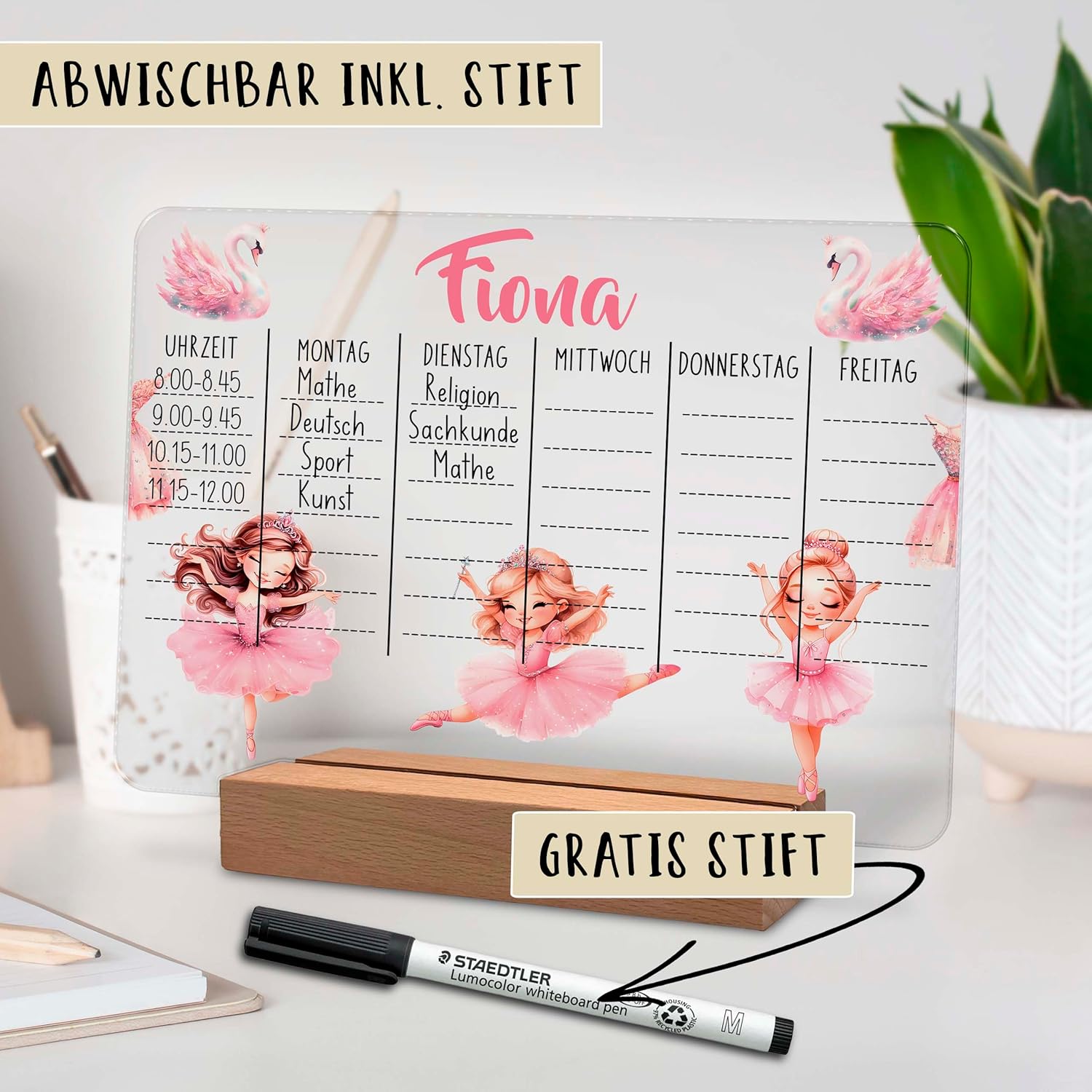 Personalised Acrylic Glass Timetable 20 x 15 cm with Name Optional LED Wooden Base Warm White Gift for Starting School Primary School Ballerina – Bild 3