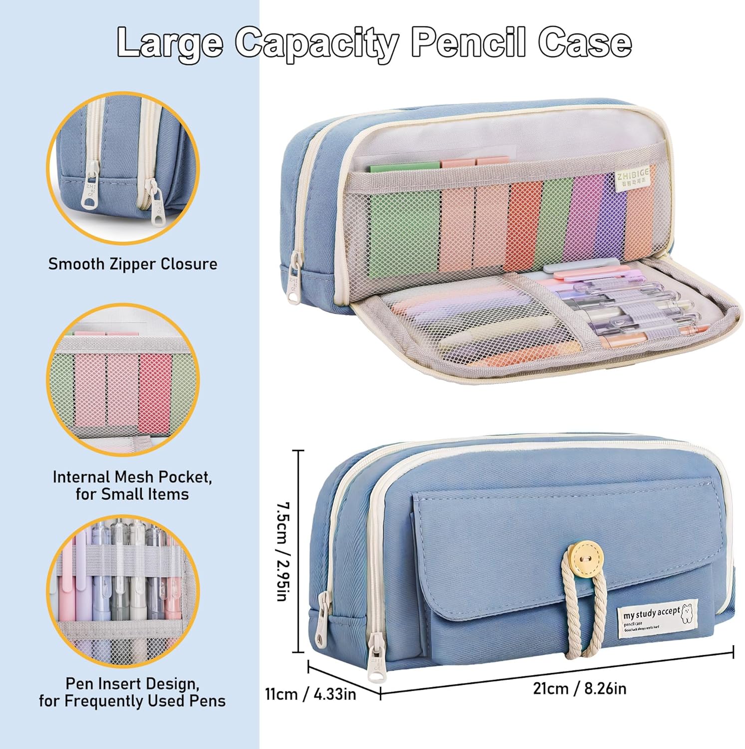 32pcs School Supplies Aesthetic with Blue Pencil Case, 12 Pastel Highlighters, 6 Colour Pencils, 5 Black Pens, 5 Magnetic Bookmarks and 3 Sticky Notes for Students School Supplies – Bild 5