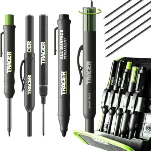 Tracer 5 Piece Construction Marker Set with Storage Case - Carpenter's Pencil, 2 x Long Tip Markers, Clog Free Marker and Refill Dispenser