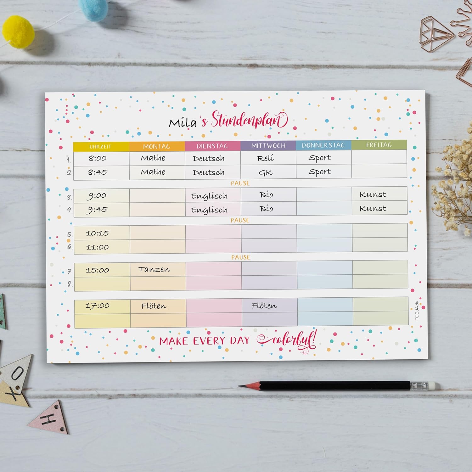 TOBJA Dots Timetable 1st Class A4 Pad - 25 Pages, School Gift Filling School Cone Girls and Boys, Timetable Paper, Colourful – Bild 6