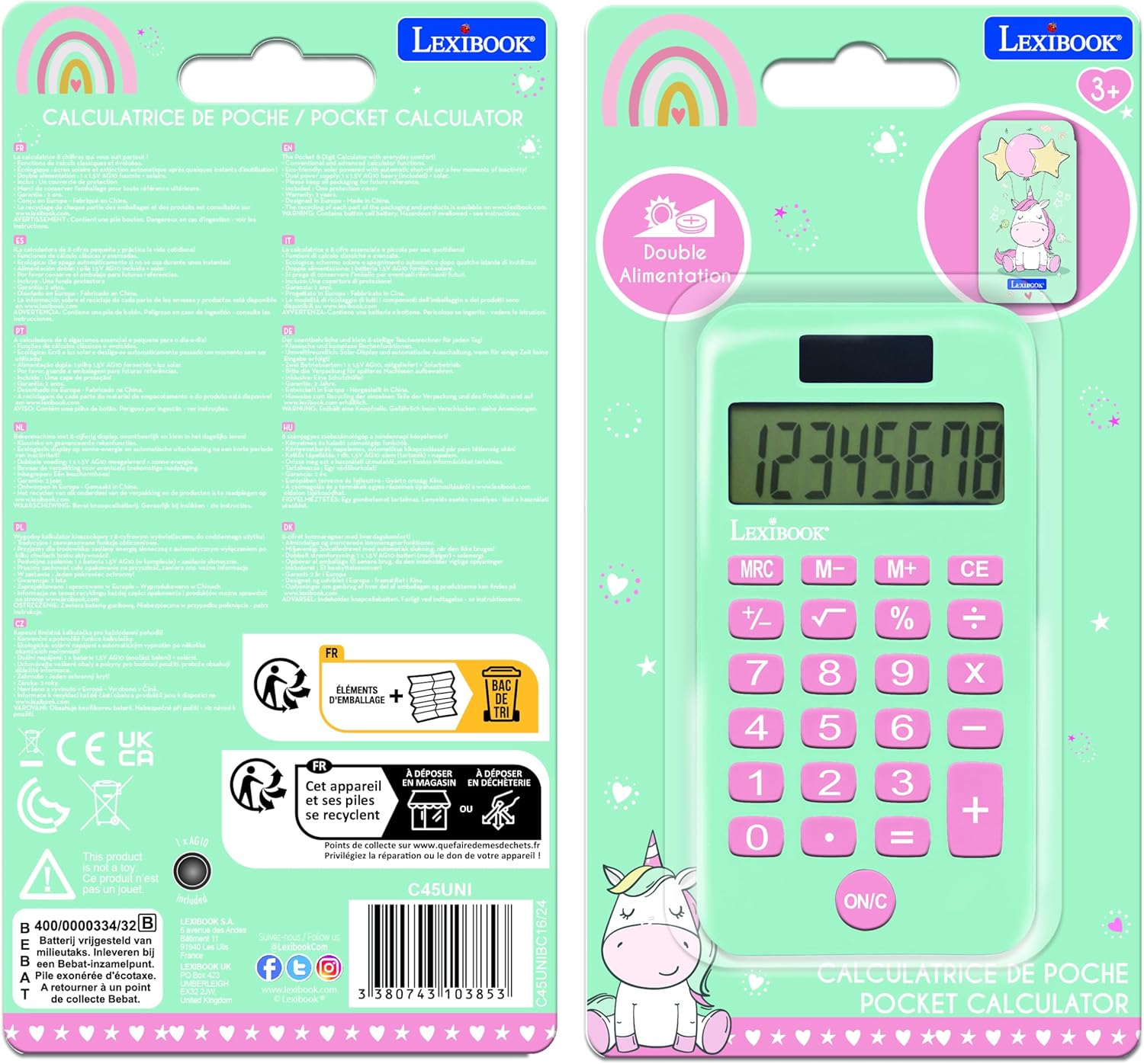 Lexibook, Unicorn Calculator with Protective Cover, Classic and Advanced Functions, Battery and Solar Power, Blue and Pink, C45UNI – Bild 4