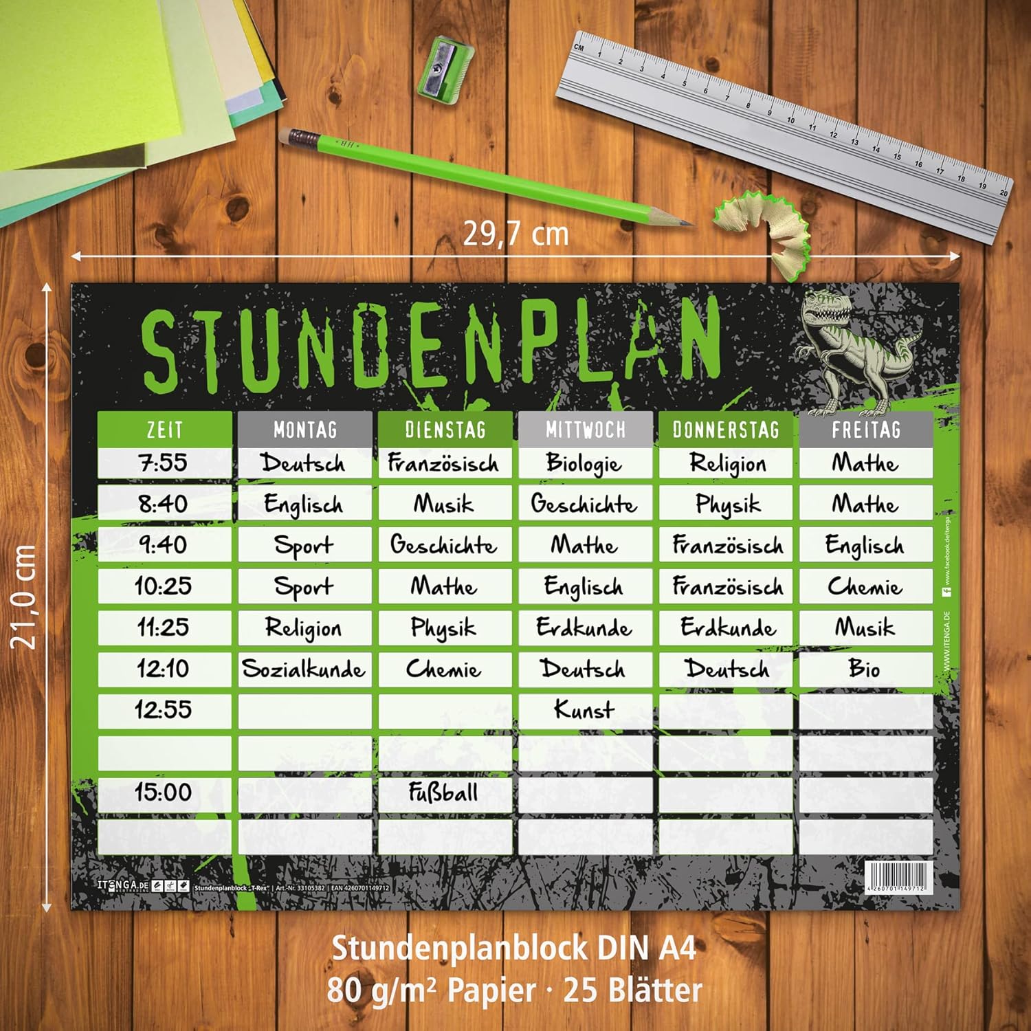 itenga Timetable DIN A4 as a pad, 25 sheets, motif T-Rex dinosaur timetable pad – Bild 3