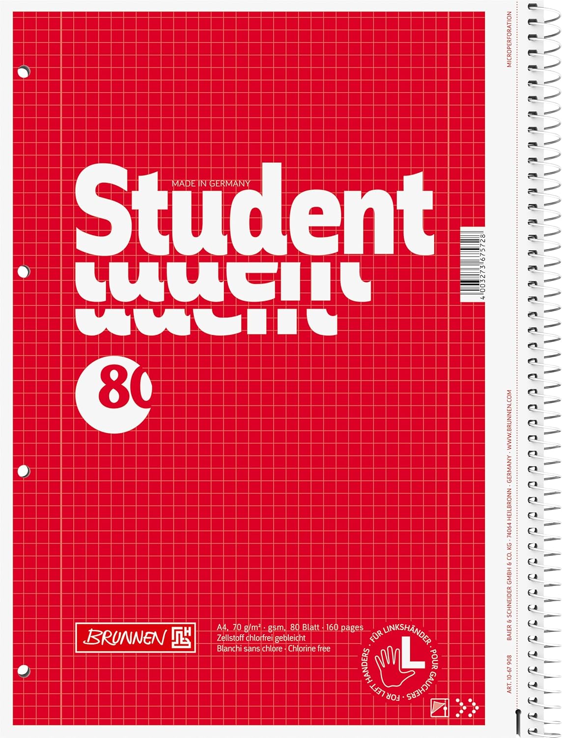 Brunnen 1067908 notebook, student college block (for left-handed people, A4, squared, lineament 28, 70g/m², 80 sheets, spiral)