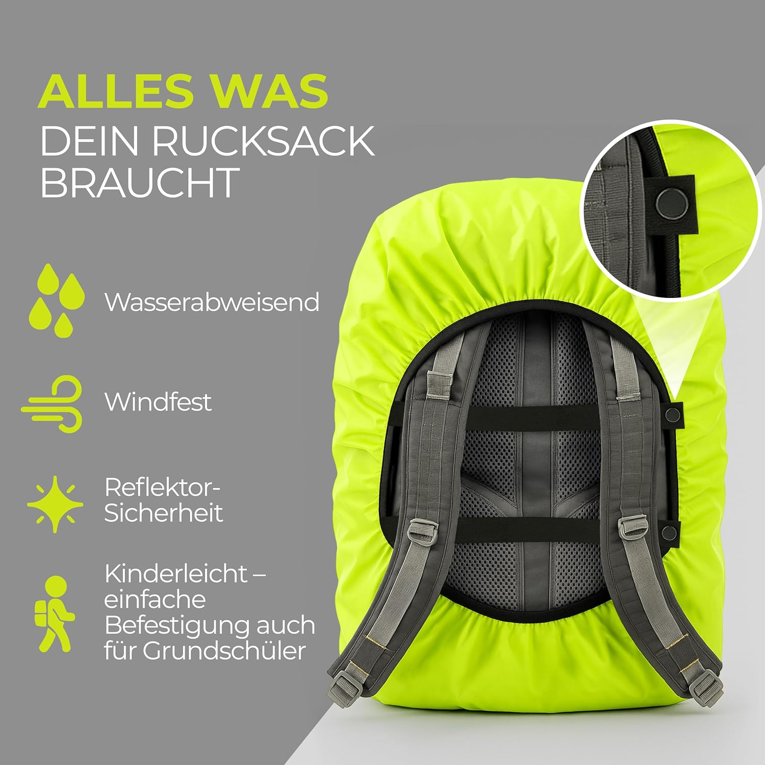Rain cover for backpacks, water and wind resistant, reflective strips, backpack protection, rain cover, neon safety cover, reflective cover. Yellow – Bild 4