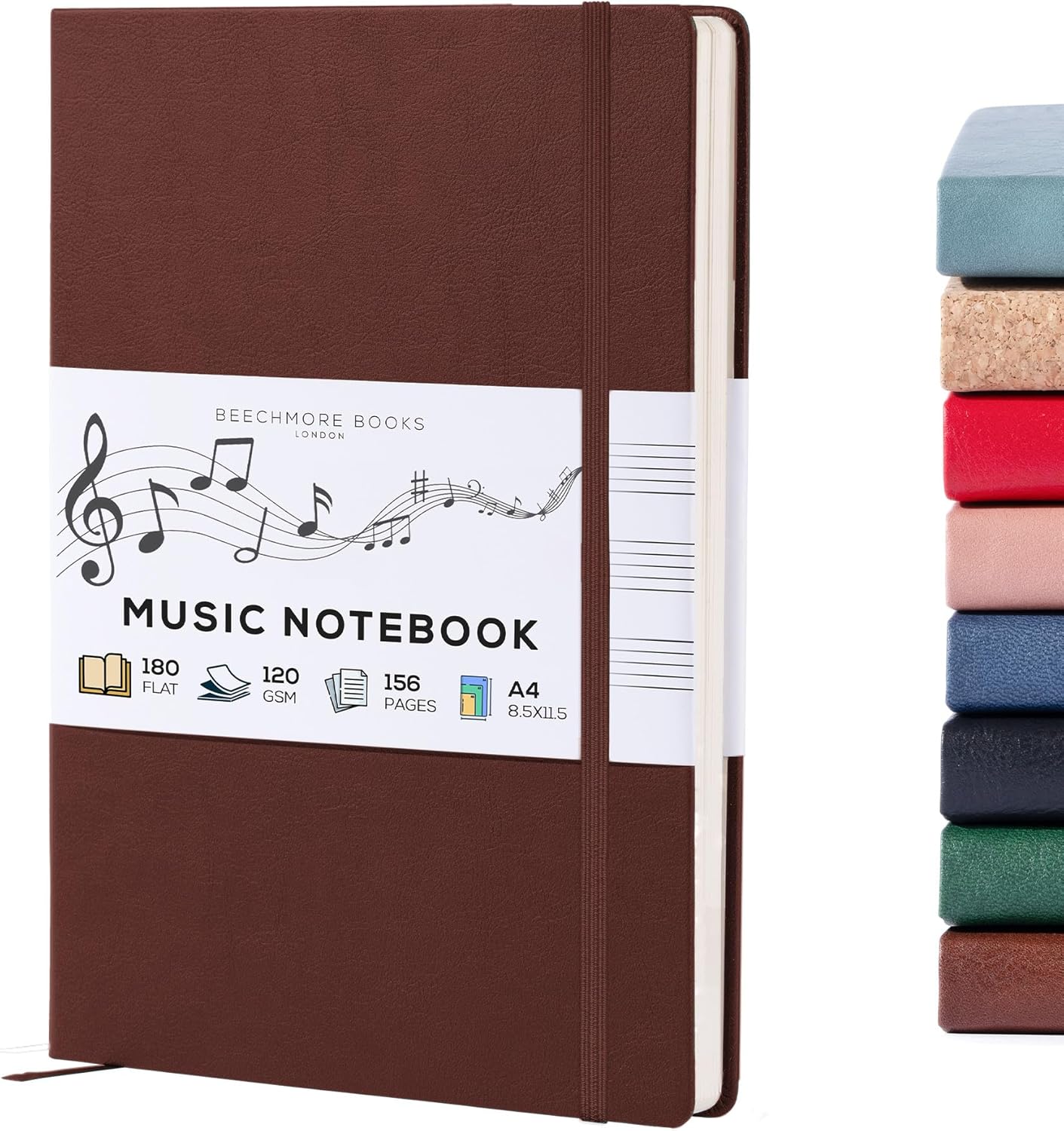 Beechmore Books A4 Sheet Music Book (21.6 × 29 cm) - 156 Pages 120gsm | Vegan Leather Hardcover Perforated Staves Lay-Flat Gift Box for Musicians, Composers, Teachers