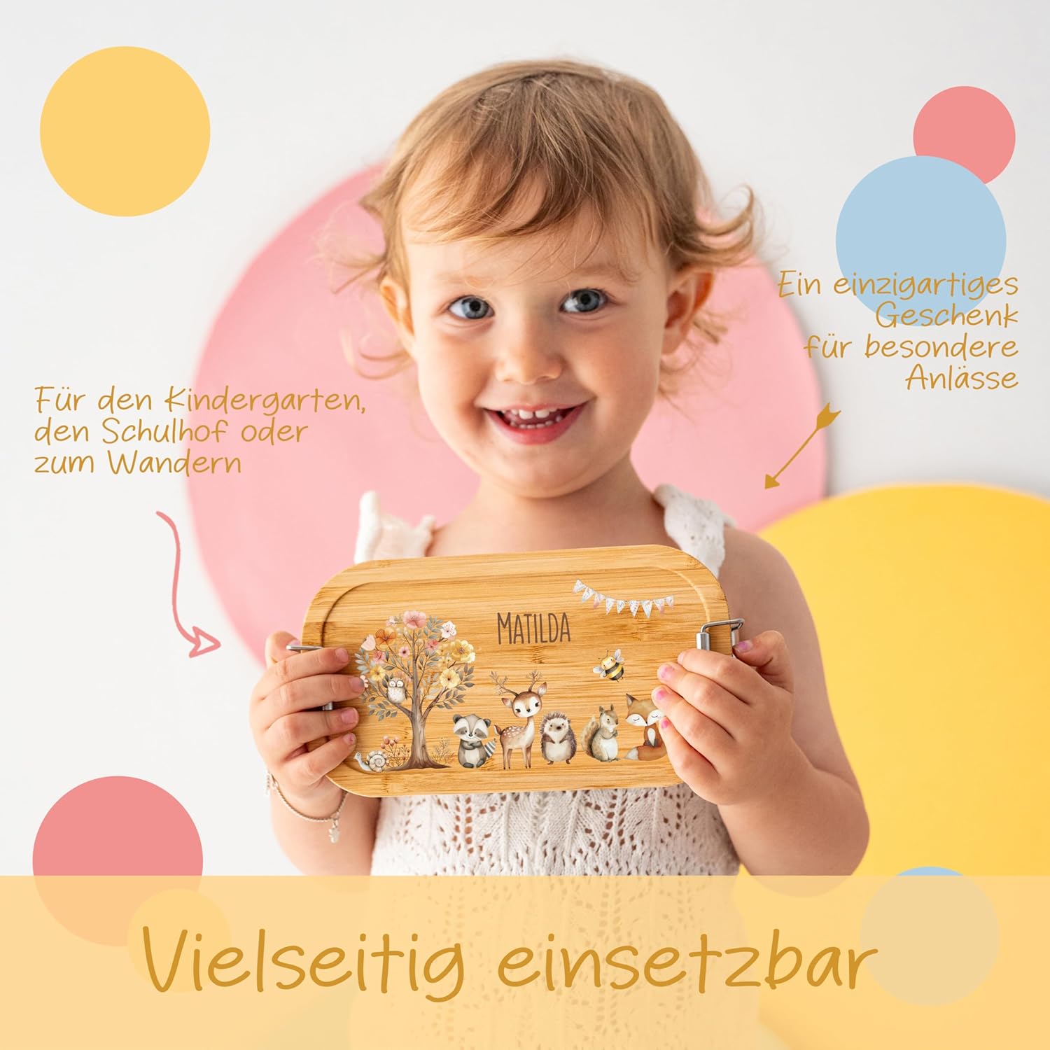 Personalised Lunch Box for Children with Special Print - Robust Stainless Steel Lunch Box - Personalised Gifts for Children and Adults (Flower Tree Animals, Small Tinplate) – Bild 2