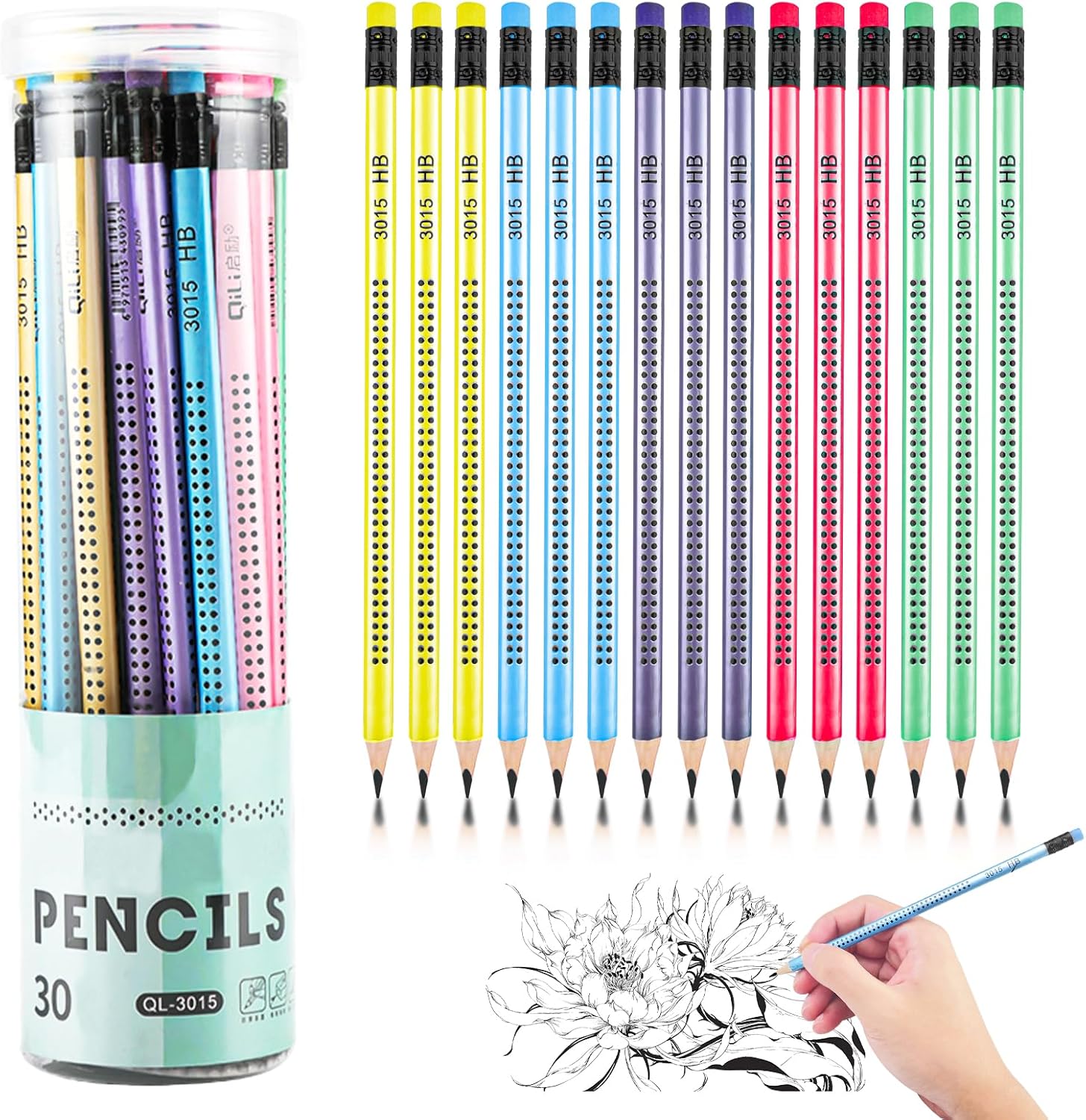Pack of 30 HB Pencils, Wooden Pencils Set, Pencil with Eraser, Pencils Children Non-Slip, Triangular Multicoloured, Graphite Pencil for Writing Aid from School Office