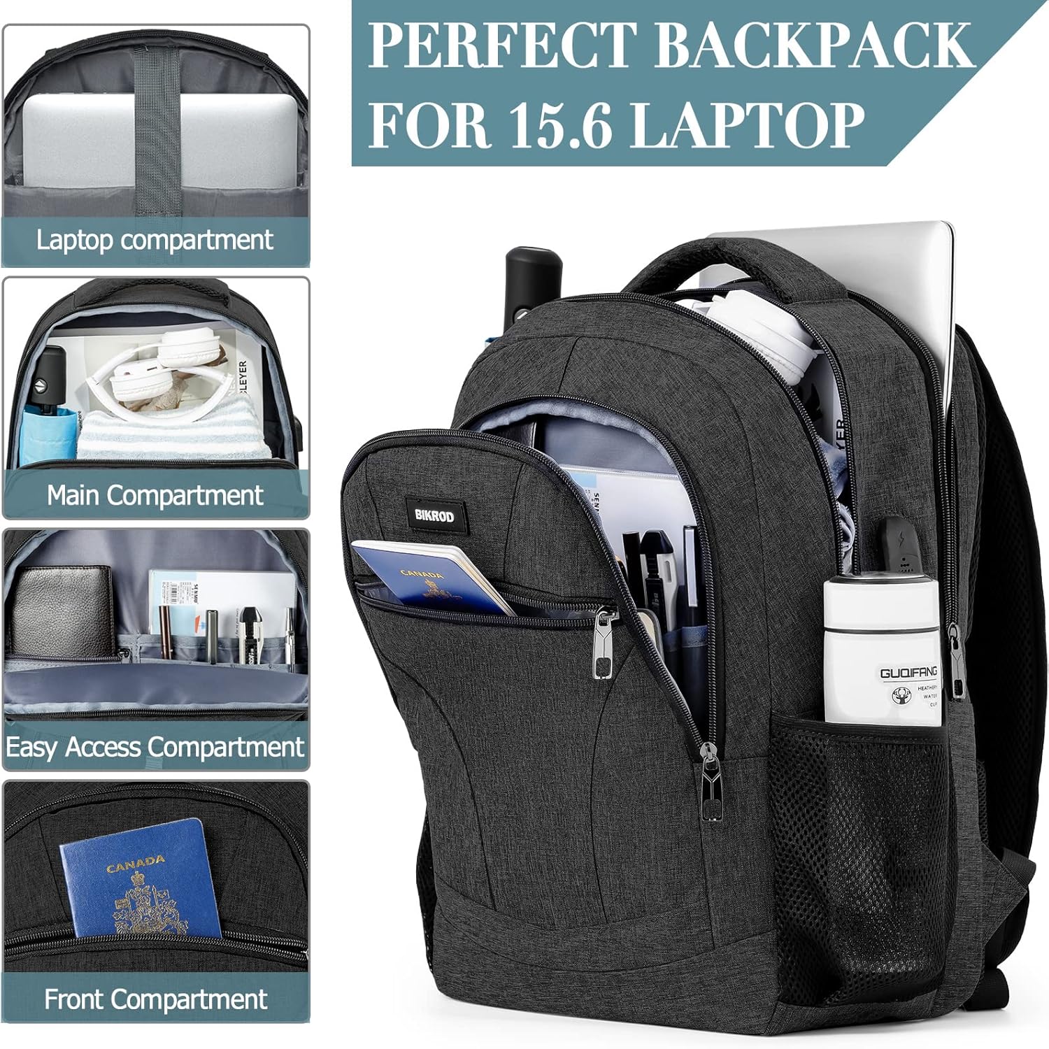 BIKROD Men's School Backpack Boys 15.6 Inch Laptop Bag, black, 15.6 inches, Unique – Bild 2