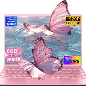 Laptop 14 Inch 8GB + 256GB SSD Expandable 1TB SSD, Notebook with Celeron N5095, Cooling Fan 1920x1200 2K FHD Extremely Slim Bezel Screen Multifunctional Pink