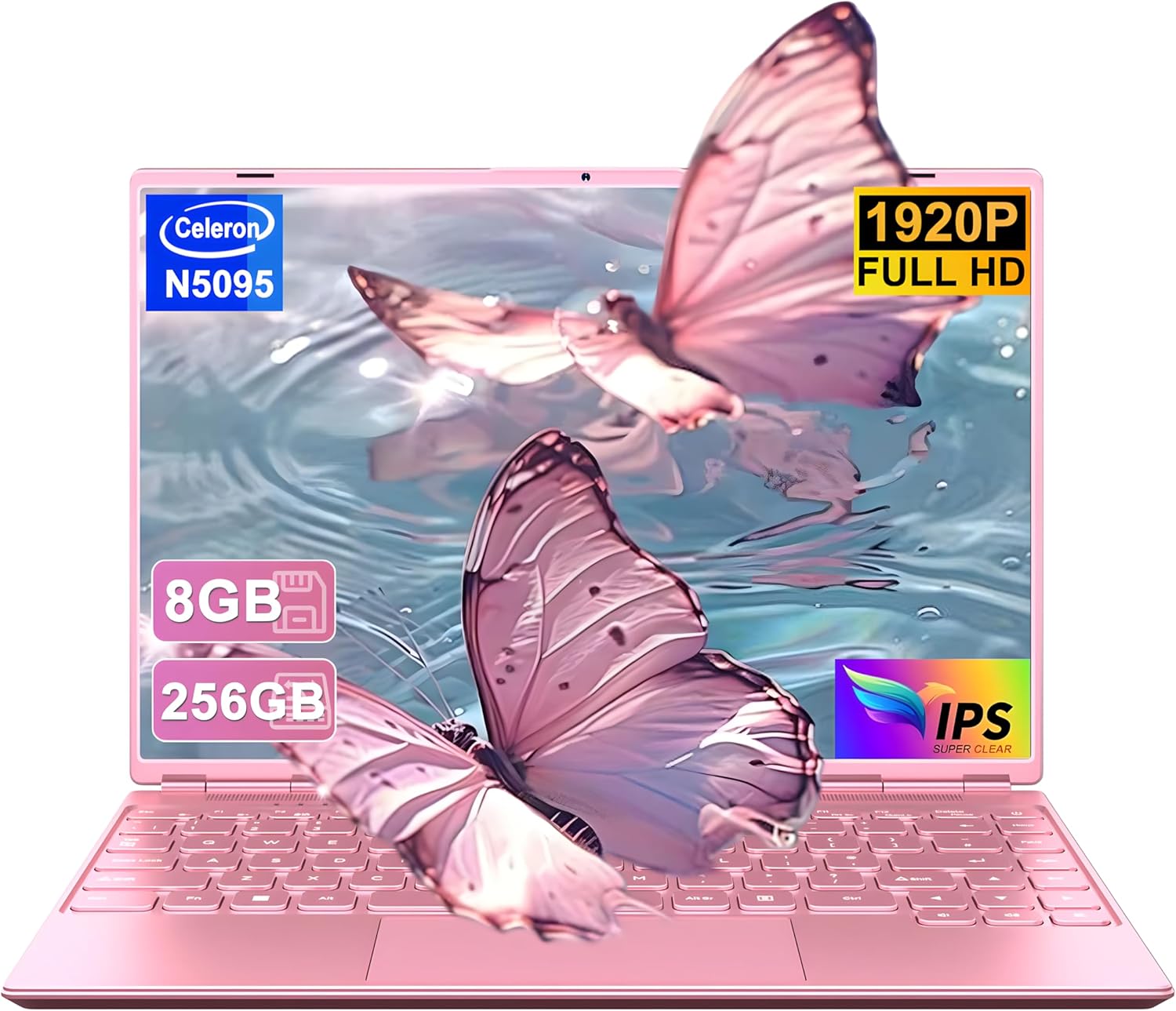 Laptop 14 Inch 8GB + 256GB SSD Expandable 1TB SSD, Notebook with Celeron N5095, Cooling Fan 1920x1200 2K FHD Extremely Slim Bezel Screen Multifunctional Pink