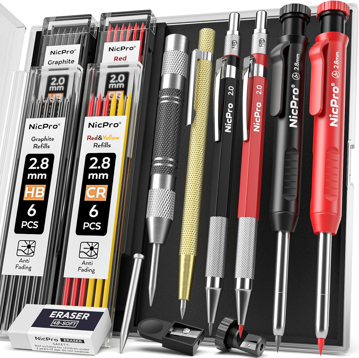 Nicpro 15-Piece Carpenter's Pencils Set with Sharpener, Mechanical Carpenter's Pencils with 40 Leads, Automatic Centre Punch and Carbide Scribing Tool, Robust Construction Pencil with Case