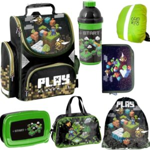 Goldkids School Bag Set Boys 1st Class 7-Piece Satchel School Backpack Pencil Case Gym Bag Lunch Box Sports Bag Rain Cover Game Pixel Motif Pencil Case