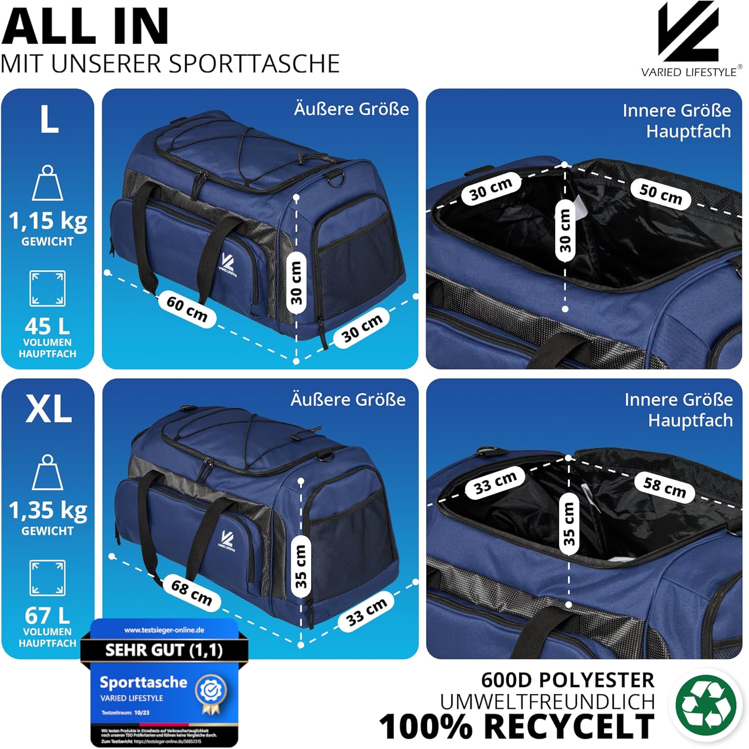 Sports Bag - Variations (Parent), Blue-carbon, Sports bag with wet compartment and shoe compartment and cooling compartment – Bild 5