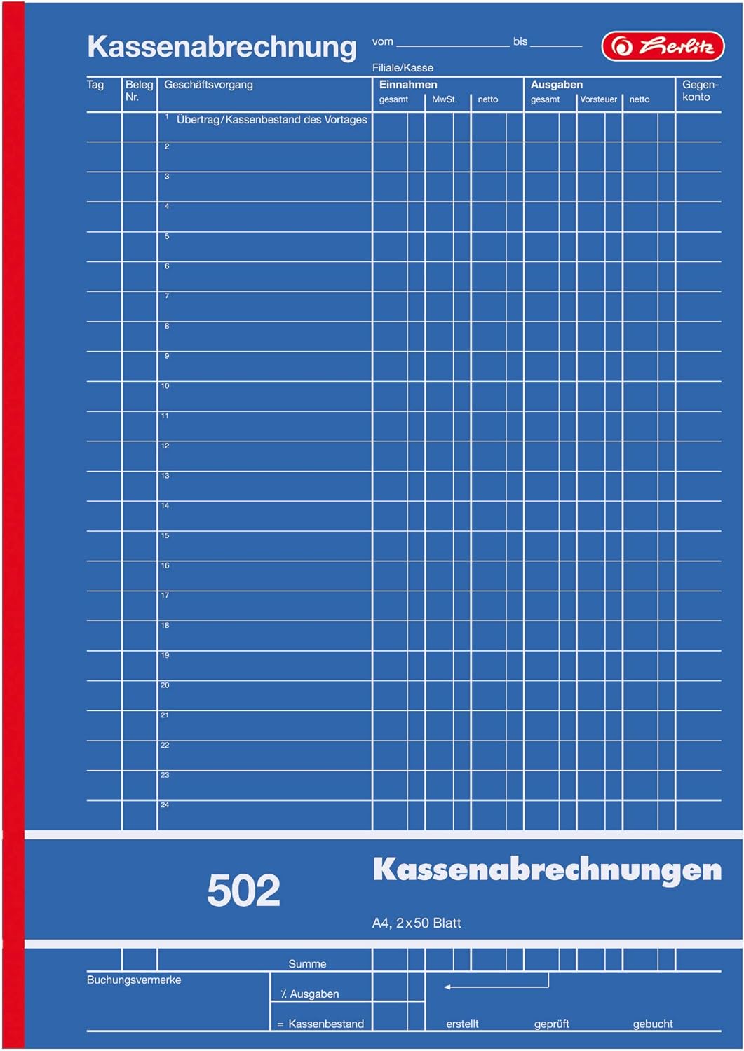 Herlitz 882415 Cash Abrechnungs Book A4 Card 502, 2x 50 Sheets Blue – Bild 2