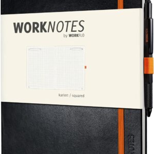 WORKNOTES Notebook A4 Squared – The Notebook for Creatives and Makers, 192 Perforated Pages, Ink-proof Paper, 100 g/m², Hard Cover in Black, Includes Pen Tab and Document Bag