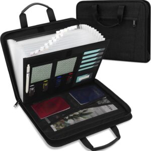 Uquelic Document Folder A4 with Handle, Document Organiser with 12 Compartments and Multiple Compartments, Expandable File Folder for Office, Home, School (Black)