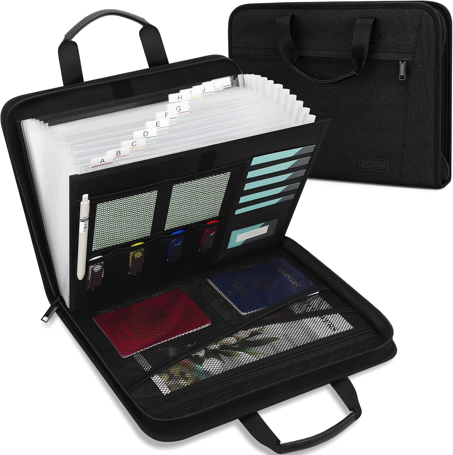 Uquelic Document Folder A4 with Handle, Document Organiser with 12 Compartments and Multiple Compartments, Expandable File Folder for Office, Home, School (Black)