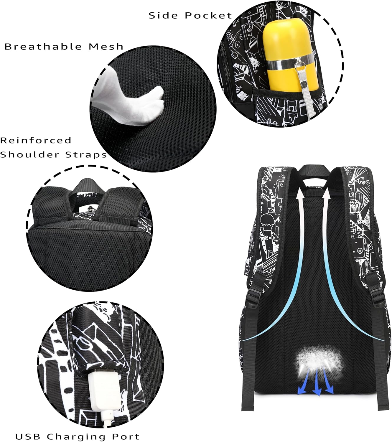 Oxford Fabric School Backpack For Boys, School Backpack With Print, Teenager School Bag, Outdoor Reflective Daypack, Grey C – Bild 6