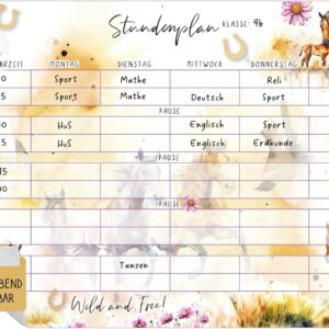 TOBJA Timetable Wipe Clean Self-Adhesive Horse Design DIN A4 Reusable for Back to School & Filling Sugar Bag Girls (without Pen)
