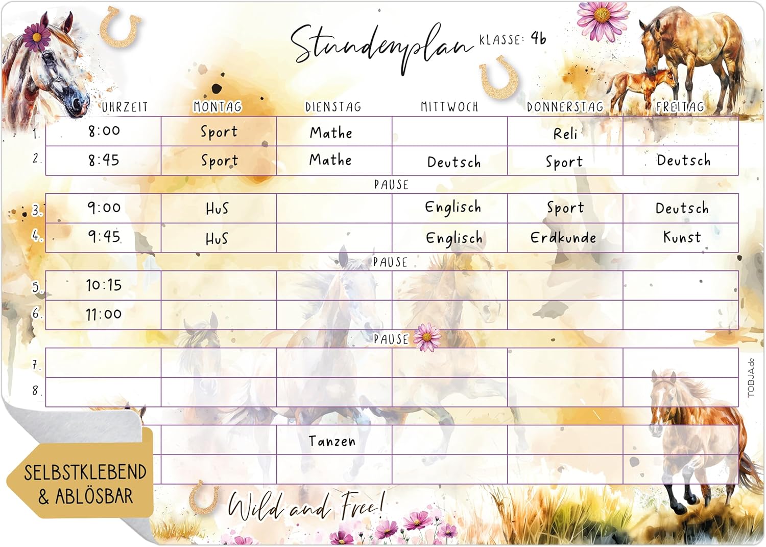TOBJA Timetable Wipe Clean Self-Adhesive Horse Design DIN A4 Reusable for Back to School & Filling Sugar Bag Girls (without Pen)