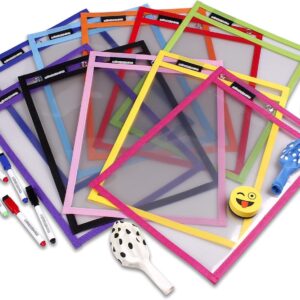 10 Sleeves Preprint Reusable A4 Paper | Dry Erase Pocket Large 36 x 26 cm | PET Ecologically Recyclable | 10 Colours, 10 Markers, 2 Erasers, 2 Balloons | School Material, School, Nursery, Playroom