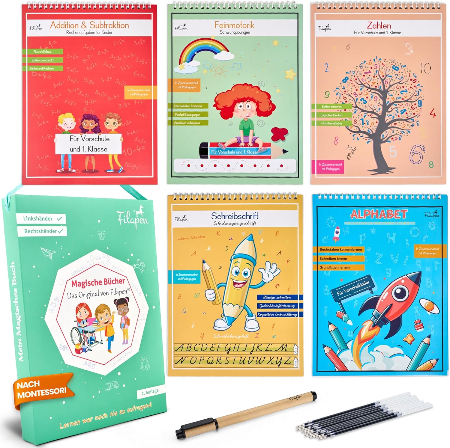 Filapen® Magic Preschool Books from 4 Years - 5 Exercise Books + Pen (Reusable) - Learn to Write & Calculate, Practice Letters & Numbers - For Left-Handed and Right-Handed Users
