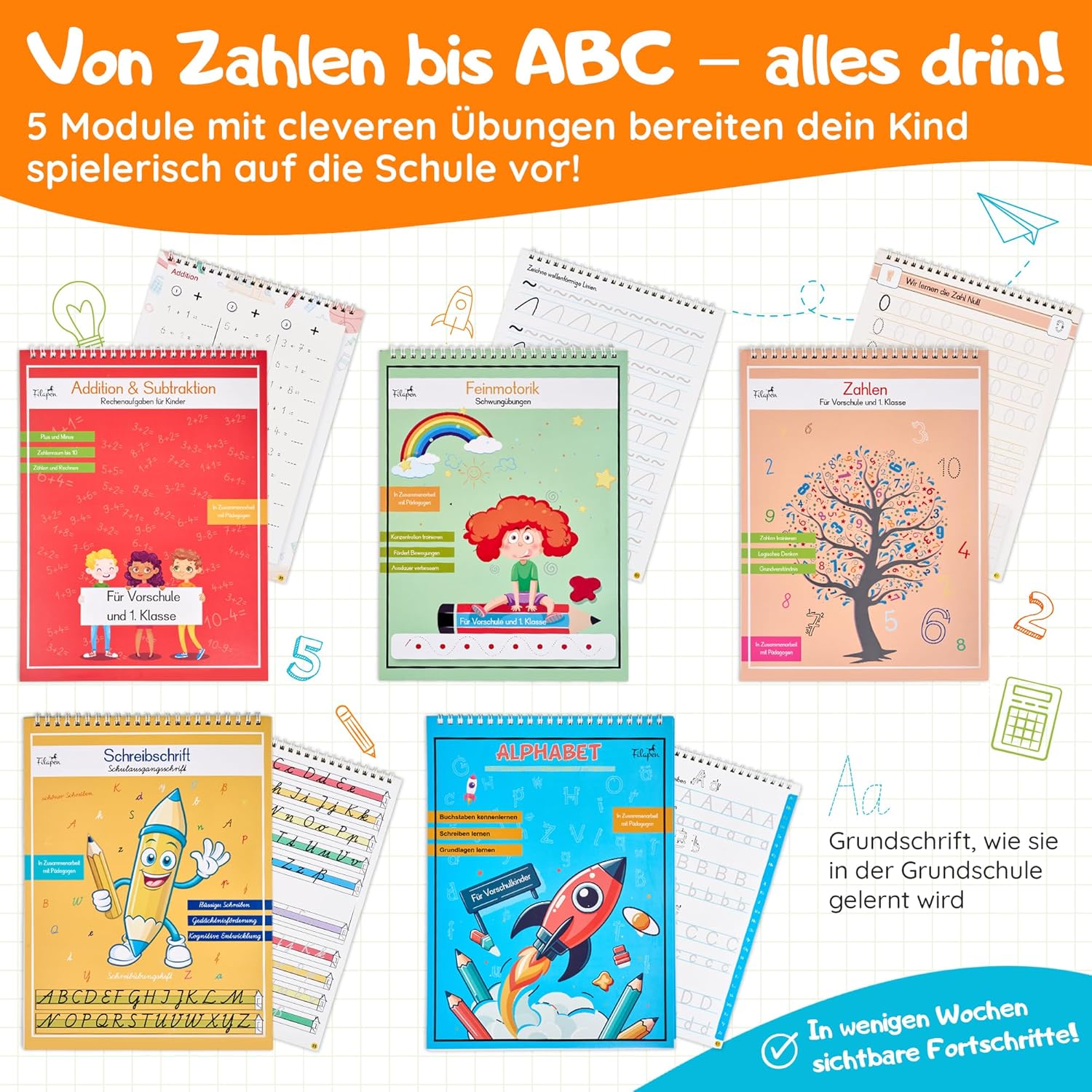 Filapen® Magic Preschool Books from 4 Years - 5 Exercise Books + Pen (Reusable) - Learn to Write & Calculate, Practice Letters & Numbers - For Left-Handed and Right-Handed Users – Bild 4