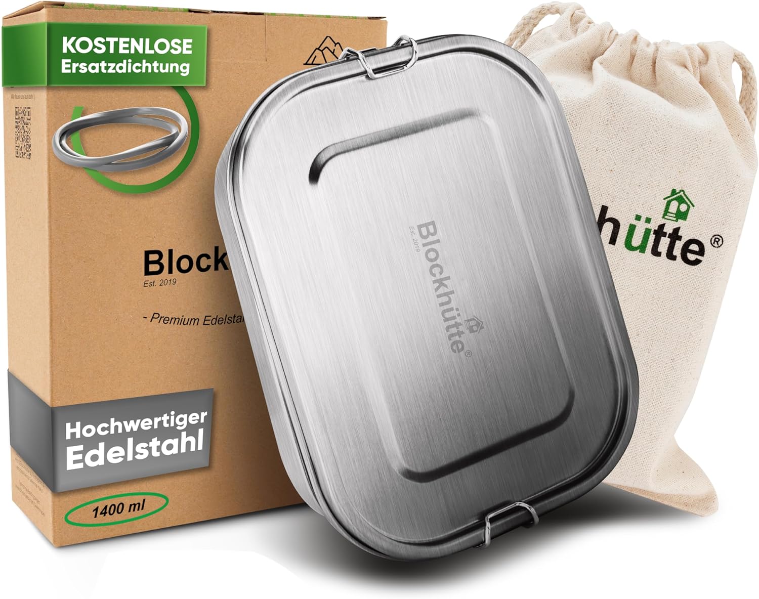 Blockhütte® Premium Stainless Steel Lunch Box (800 ml) for Children, Includes Compartments and Replacement Seal – The Food Storage Container with Divider is Leak-Proof – Small Lunch Box, 1400 ml, Silver