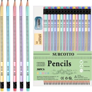 Surcotto HB Pencils, Pack of 30 HB Pencils with Eraser and Sharpener, Pre-Sharpened Triangle Pencils for Writing, Drawing at School and Home, New Packaging