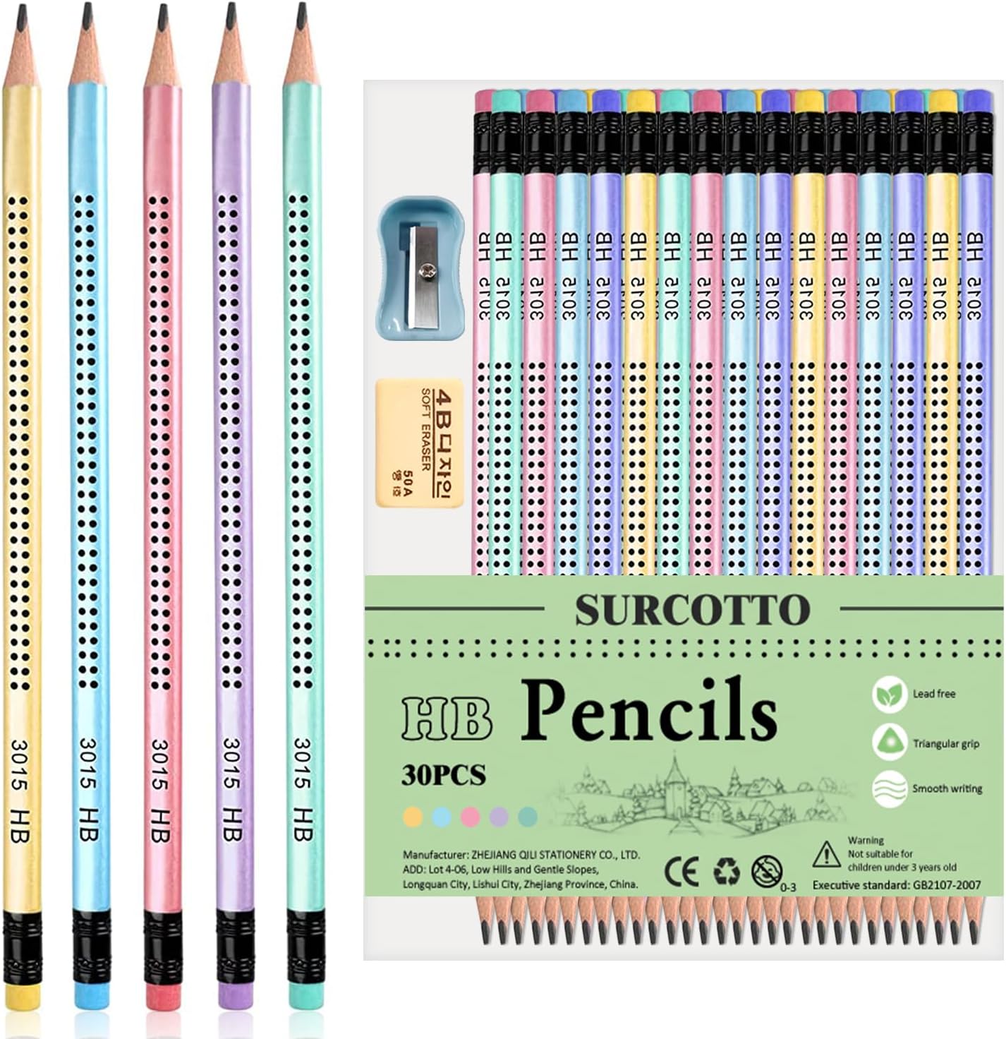Surcotto HB Pencils, Pack of 30 HB Pencils with Eraser and Sharpener, Pre-Sharpened Triangle Pencils for Writing, Drawing at School and Home, New Packaging