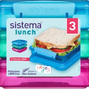 Sistema 41647 450 ml Lunch Sandwich Box with Contrasting Clips Assorted Colours (Pack of 3)