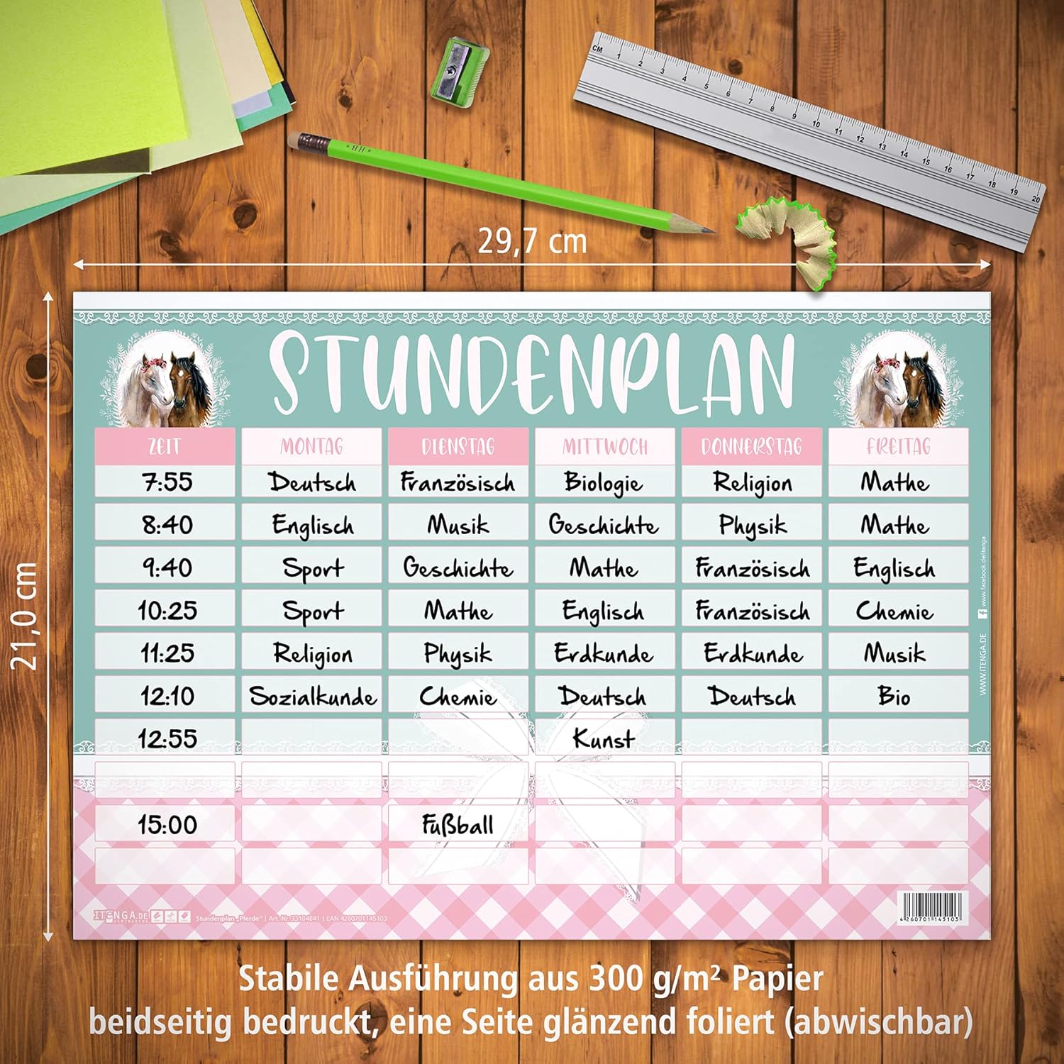 itenga Timetable DIN A4 Horse Motif Double-Sided One Side Wipeable 300 g Cardboard Timetable for Girls – Bild 3