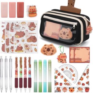 29pcs School Supplies Aesthetic with Capibara Pencil Case, 4 Highlighters, 4 Gel Pens, 4 Rulers, 3 Correction Tapes, Stickers, Clean Girl School Stuff Gift for Girls & Boys, Black