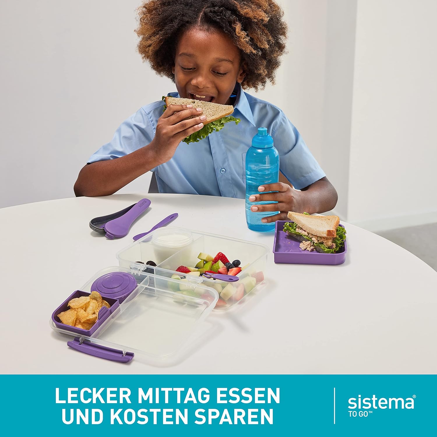 Sistema Bento Box To Go Lunch Box with Compartments, 1.25 L Lunch Box with Yoghurt/Fruit Container, Lunch Box Children and Adults, Teal – Bild 5