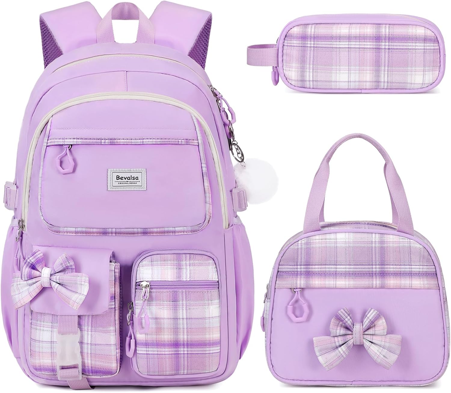 Bevalsa School Backpack Girls Teenager School Bag with Lunch Bag and Pencil Case, Bow Checked Leisure Backpack Large Waterproof School Bag Backpack Daypacks for Children Women