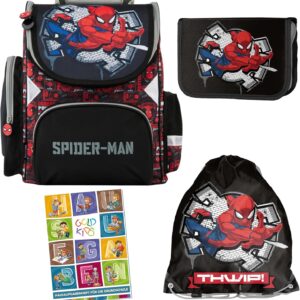 Goldkids – School Bag for Boys and Girls – School Backpack for Children with Pencil Case – Shoe Bag and Homework Book – Spider-Man Motif – 1-3 Class, Set of 4, Classic